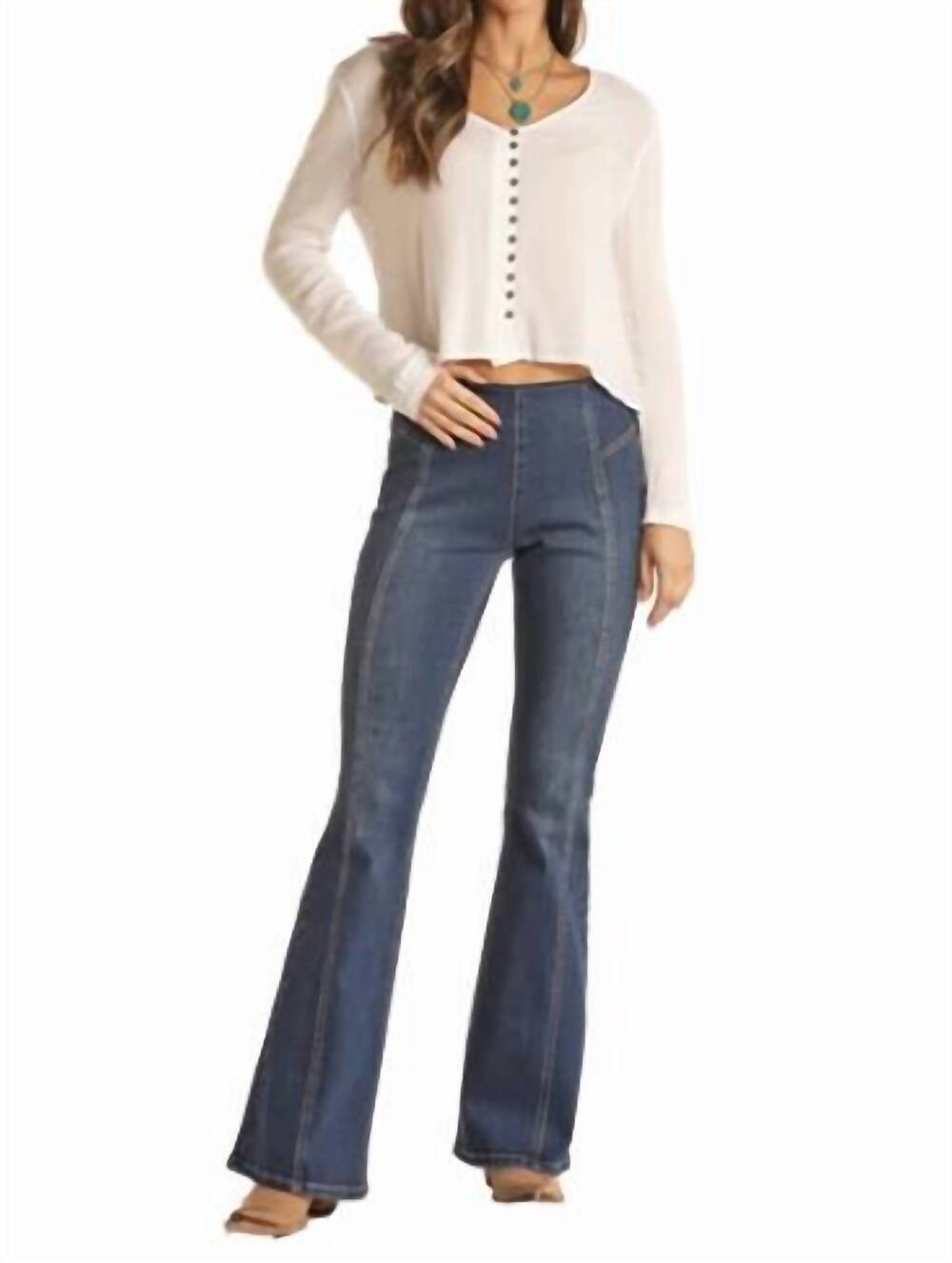NEW ROCK & ROLL DENIM pull on flare leg jeans in medium wash